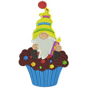 Gnome Sitting On The Cupcake Birthday Filled Machine Embroidery Design Digitized Pattern