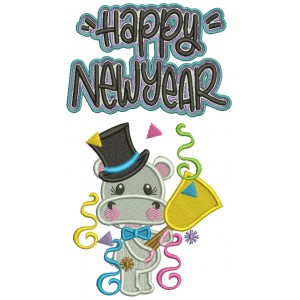 Happy New Year Hippo With a Ring Bell Filled Machine Embroidery Design Digitized Pattern