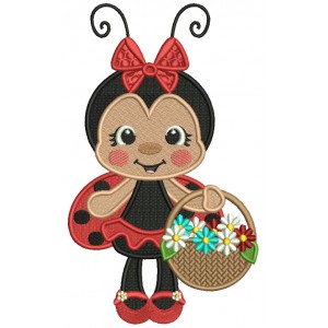 Ladybug a Flower Basket And a Bow Filled Machine Embroidery Design Digitized Pattern