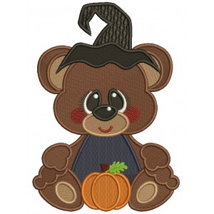 Little Bear Wearing Witch Hat With Pumpkin Halloween Filled Machine Embroidery Design Digitized Pattern