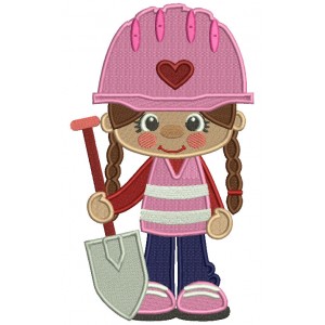 Little Cute Construction Girl Holding a Shovel Filled Machine Embroidery Design Digitized Pattern