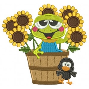 Little Frog Inside Of Basket With Sunflower Fall Filled Machine Embroidery Design Digitized Pattern
