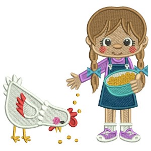 Little Girl Feeding a Rooster Filled Machine Embroidery Digitized Design Pattern