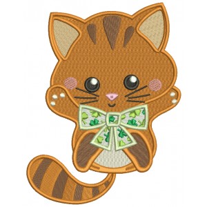 Little Kitten With Cute Bow St.Patrick's Day Filled Machine Embroidery Design Digitized Pattern 