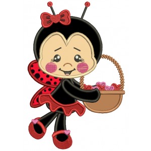 Little Ladybug Holding a Basket Full Of Hearts Applique Machine Embroidery Design Digitized Pattern 