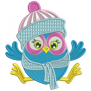 Owl Wearing Snow Hat And Scarf Christmas Filled Machine Embroidery Design Digitized Pattern