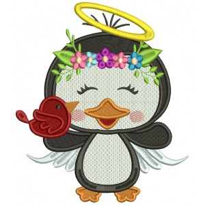 Penguin Angel Holding a BIrd Filled Christmas Machine Embroidery Design Digitized Pattern