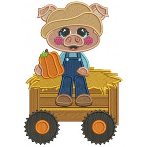 Piggy Farmer Sitting On a Wagon Fall Filled Machine Embroidery Design Digitized Pattern