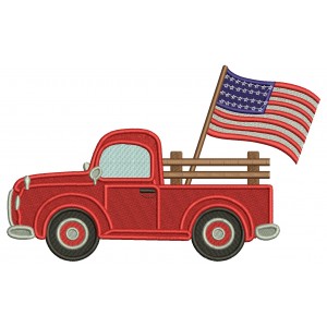 Truck WIth Big American Flag Patriotic 4th Of July Independence Day Filled Machine Embroidery Design Digitized Pattern