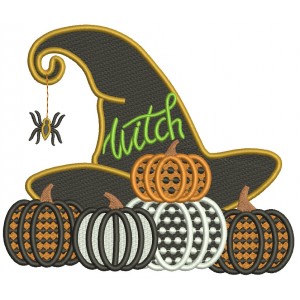 Witch Hat With Spider And Pumpkins Halloween Filled Machine Embroidery Design Digitized Pattern