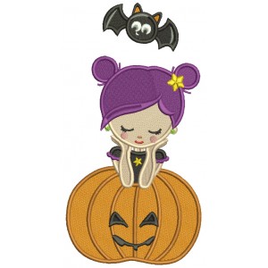 Witch Sitting With a Pumpkin And Cute Little Bat Halloween Filled Machine Embroidery Design Digitized Pattern