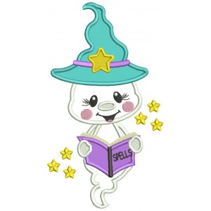 Wizard Ghost Holding Spells Book Applique Halloween Machine Embroidery Design Digitized Pattern