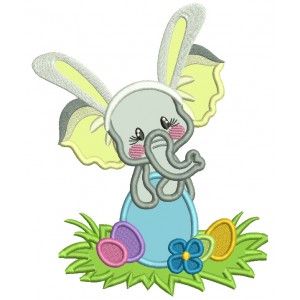 Baby Elephant Wearing Bunny Ears Sitting On the Easter Egg Applique Machine Embroidery Design Digitized Pattern