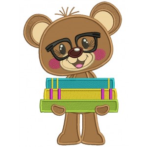 Bear Student Holding Books School Applique Machine Embroidery Design Digitized Pattern