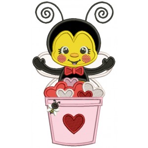 Bee Sitting Inside The Bucket With Hearts Valentine's Day Applique Machine Embroidery Design Digitized Pattern