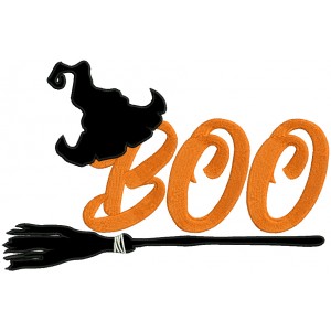 Boo Witch Hat On The Broom Halloween Applique Machine Embroidery Design Digitized Pattern