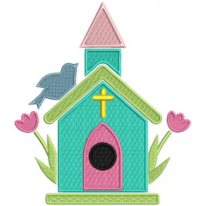 Church With a Bird and Flowers Easter Filled Machine Embroidery Design Digitized Pattern