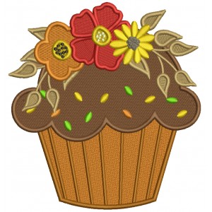 Cupcake With Fall Flowers Thanksgiving Filled Machine Embroidery Design Digitized Pattern