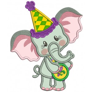 Cute Baby Elephant Wearing Triangular Mardi Gras Hat Applique Machine Embroidery Design Digitized Pattern
