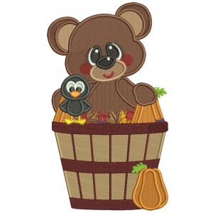 Cute Bear Sitting In a Fall Basket With Leaves Filled Machine Embroidery Design Digitized Pattern