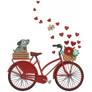 Cute Dog In The Back Of The Bicycle With Hearts Valentine's Day Filled Machine Embroidery Design Digitized Pattern
