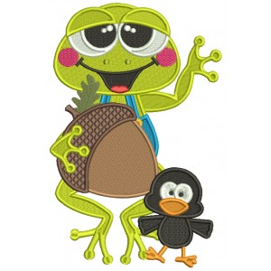 Cute Frog With a Little Crow Holding Acorn Filled Machine Embroidery Design Digitized Pattern