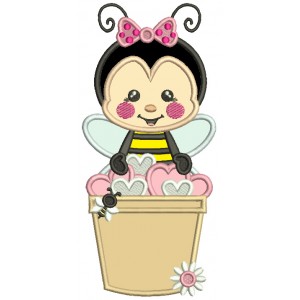 Cute Girl Bee Sitting Inside The Bucket Full Of Hearts Valentine's Day Applique Machine Embroidery Design Digitized Pattern