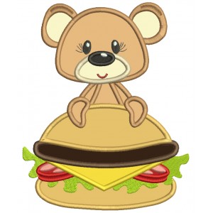 Cute Little Bear Holding Hamburger Applique Machine Embroidery Design Digitized Pattern