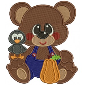 Cute Little Bear Wearing Overalls With Crow Fall Filled Machine Embroidery Design Digitized Pattern