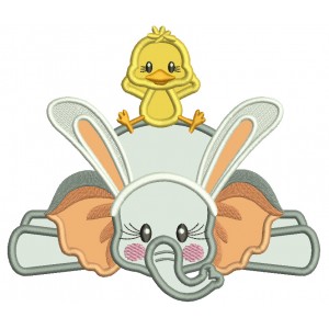 Cute Little Chick Sitting On Elephant Wearing Bunny Ears Easter Applique Machine Embroidery Design Digitized Pattern 