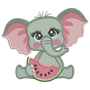 Cute Little Girl Elephant Eating Watermelon Filled Machine Embroidery Digitized Design Pattern