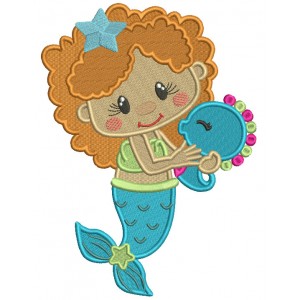 Cute Little Mermaid With a Star In Her Hair Filled Machine Embroidery Design Digitized Pattern
