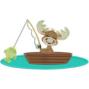 Cute Moose Fishing On The Lake Filled Machine Embroidery Design Digitized Pattern
