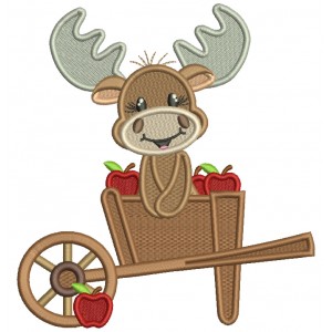Cute Moose Sitting Inside Garden Cart Fall Filled Machine Embroidery Design Digitized Pattern