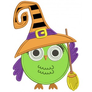Cute Owl Witch With a Big Hat And a Broom Applique Machine Embroidery Design Digitized Pattern