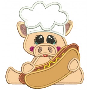 Cute Pig Chef Holding Hot Dog Patriotic 4th Of July Independence Day Applique Machine Embroidery Design Digitized Pattern