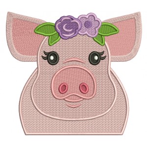 Cute Piggy With Flower Head Band Filled Machine Embroidery Design Digitized Pattern
