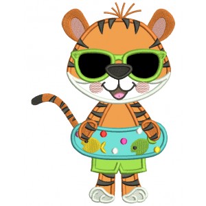 Cute Tiger Girl With Inflatable Swimming Tube Summer Applique Machine Embroidery Design Digitized Pattern