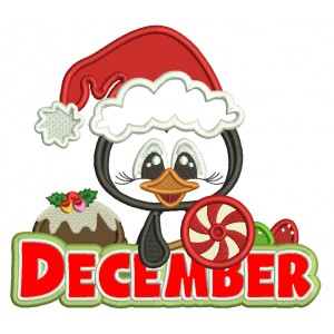 December Penguin Wearing Santa Hat Christmas Applique Machine Embroidery Design Digitized Pattern Filled Machine Embroidery Design Digitized Pattern