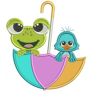 Froggy And a Chick Sitting Inside Umbrella Applique Machine Embroidery Digitized Design Pattern