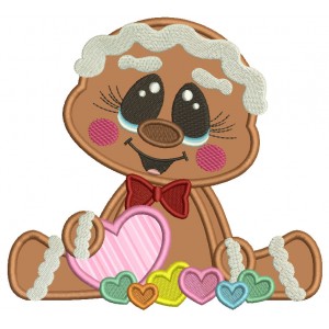 Gingerbread Girl Holding Heart Valentine's Day Applique Machine Embroidery Design Digitized Pattern