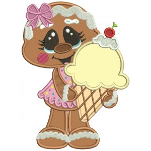 Gingerbread Girl Holding Huge Ice Cream Cone Applique Machine Embroidery Digitized Design Pattern