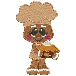 Gingerbread Man Holding Pumpkin Pie Fall Thanksgiving Filled Machine Embroidery Design Digitized Pattern