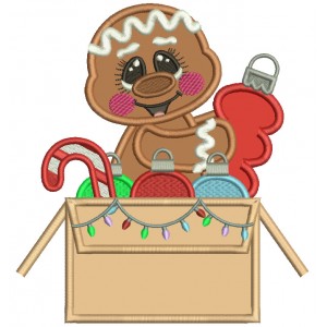 Gingerbread Man Sitting In The Box Holding Christmas Decorations Applique Machine Embroidery Design Digitized Pattern