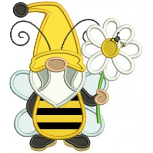 Gnome Bee Holding a Flower Applique Machine Embroidery Design Digitized Pattern