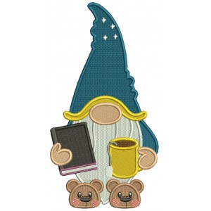 Gnome Holding a Book And a Cup Of Tea Filled Machine Embroidery Design Digitized Pattern