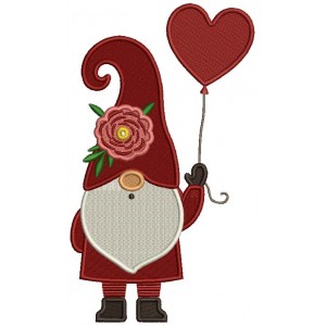 Gnome Holding a Heart Shaped Balloon Valentine's Day Filled Machine Embroidery Design Digitized Pattern