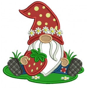Gnome Holding a Strawberry Applique Machine Embroidery Design Digitized Pattern