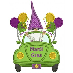 Gnome In The Car With Balloons Mardi Gras Applique Machine Embroidery Design Digitized Pattern