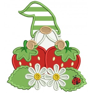 Gnome With Strawberries And Daisies Applique Machine Embroidery Design Digitized Pattern